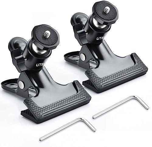 Camera Clamp Mount, UTEBIT 2 Pcs Heavy Duty Tripod Clip with 360° Swivel Mini Ball Head for 1/4'' Screw Photography Accessories, Spring Clamp for DSLR Camera Backdrop Photo Studio