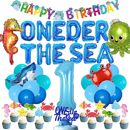 Under The Sea 1st Birthday Party Decorations, Ocean Theme Balloons Oneder The Sea Crab Shark Octopus Seepferdchen Ocean Cake Cupcake Topper für Jungen Mädchen Erster Geburtstag