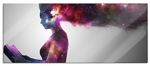 Pixxprint Glasbild Panorama, Wandbild aus Echtglas, abstrakte Frau mit Buch, 120x50 cm, inkl. Aufhängung und Abstandshalter