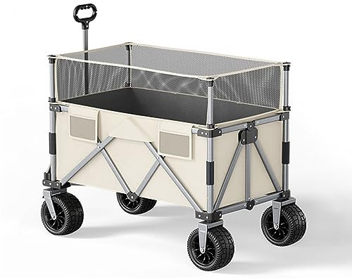 WRJAHCG Bollerwagen Faltbar,Faltbar Garten Handwagen Transportwagen Mit Verstellbarem Griff Campingwagen Offroad-Doppelbremsrad Campingwagen Tragfähigkeit 225Kg,(b) beige