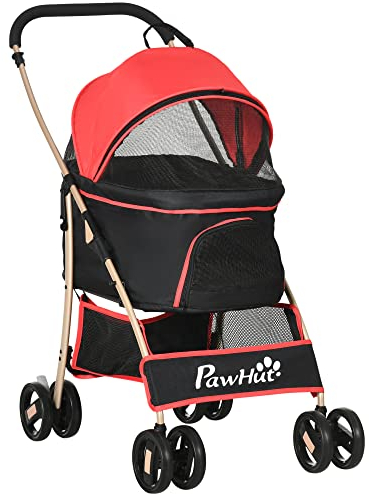 PawHut Hundewagen 2 in 1 Hundebuggy Faltbar klappbar Katzenwagen bis 10kg mit Aufbewahrungskorb, Kissen, Netzfenster, 360° drehbare Räder mit Bremse, Haustierbuggy für kleine Hunde, Rot