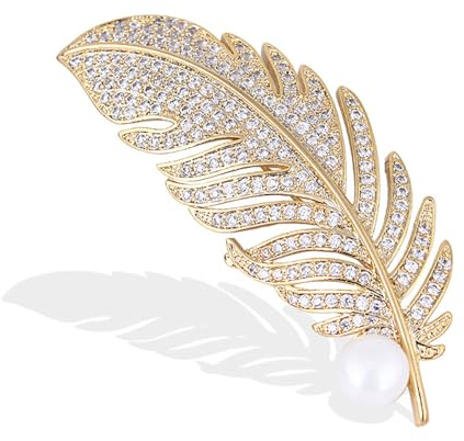GamTelightpe Broche Plumes Doré Zircons avec Perle Brillant Épingle pour Vêtements et Écharpes et Sacs Cadeaux pour Femmes et Hommes
