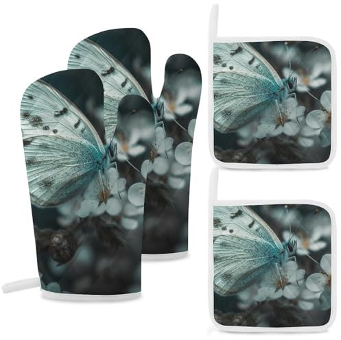 Oven Mitts and Pot Holders 4PCS Set Kitchen Oven Mitts Heat Resistant Hot Pads Butterfly on Small Flower Thicken Oven Gloves Non-Slip Potholders Extra Long Cooking Gloves for Grilling Baking BBQ