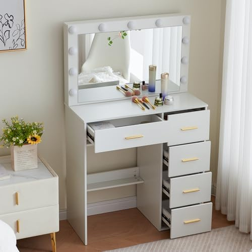 Buildonely Sminkbord med 11 LED-belysning, 3 färgtemperaturer och justerbar ljusstyrka, toalettbord med stor spegel, 5 lådor, modernt, vitt, 36 x 80 x 130 cm