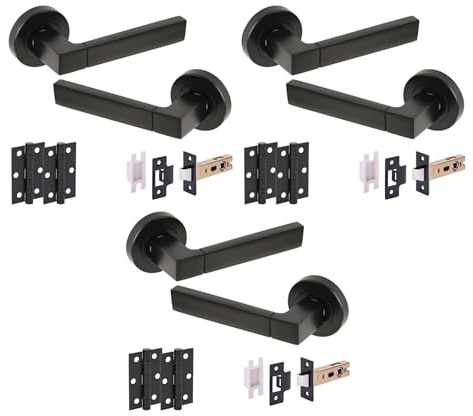 Hunta HANDLEZONE® 3 Sets Luxa Internal Door Handle Pack, Complete with Lever Handles, 76mm Latch, 75mm Ball Bearing Hinges - Black Matt