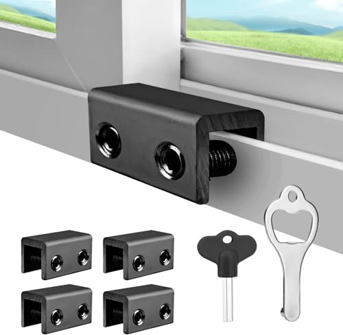 4 Sets Sliding Window Stoppers, Security Window Stops with Pads Wrench Keys Adjustable Silicone Aluminum Alloy Door Window Safety Locks (Black)