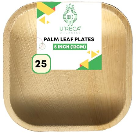 U'reca Organics Eco-Friendly Areca Palm Leaf Square Plates | 5 - Pack of 25 | Perfect for Snacks, Fruit Bowls & Dessert Bites | Compostable, Heavy-Duty, Leakproof