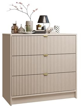 Mirjan24 Kommode Tireno 3SZ mit 3 Schubladen, geriffelte Fronten, Schubladenkommode, B:80 x H:75 x T:40 cm, Highboard, Anrichte, Sideboard, Mehrzweckschrank, Wohnzimmerschrank (Sandbeige)