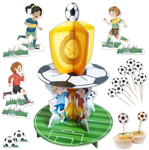 Papierdrachen Fußball Deko-Set Kindergeburtstag – Etagere und Cupcake-Topper – beidseitig bedruckt – Partyzubehör Jungen Mädchen