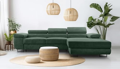 AXLIVING Cord Couch L Form – Arborio R 280 cm Ecksofa in Dunkelgrün