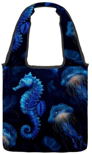 VAPOKF Sac fourre-tout en toile avec méduses et hippocampes lumineux - Grand sac de transport réutilisable pour l'école, le travail, le bureau, les voyages, le shopping décontracté