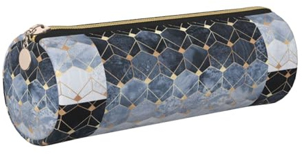 WQUVMDS Federmäppchen aus Leder, Motiv: blaue Sechsecke und Diamanten, dreieckiger Reißverschluss, Stifteetui, Kosmetiktasche, Schreibwaren-Tasche, gold, Einheitsgröße, Taschen-Organizer