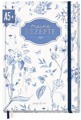 Häfft paper&you® Rezeptbuch zum Selberschreiben A5 + für 62 Rezepte | 1 Doppelseite pro Rezept, DIY Kochbuch / Backbuch mit Index & extra starkem 120g/m²-Papier Fine Kitchen