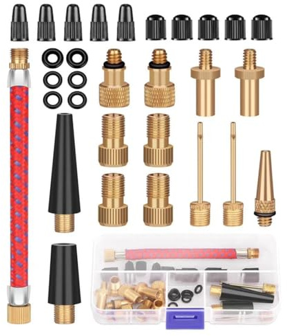 Adattatore Valvola Presta Bici, 30 Pezzi Set Kit Gonfiaggio Bici SV DV AV con Scatola di Immagazzinaggio, Adattatore Pompa Bicicletta con Tubo di Gonfiaggio， per Pneumatici Palloncini e Cuscini d'Aria