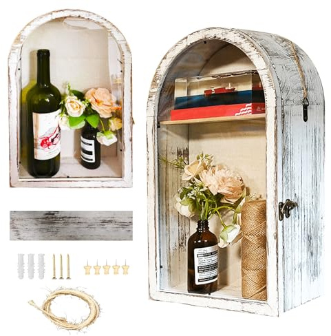 10x16 Large Shadow Boxes Display Cases Shadow Box Frame with Removable Shelves and Linen Back, Arch Shape Picture Frame Memory Box for pet memorials, Wedding, Medals, Military (Old White)