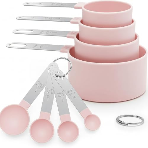 Strehknewen Messlöffel Set, 8-teilig – 4 Measuring Cups & 4 Dosierlöffel mit Edelstahlgriffen, Cup Messbecher Set aus Kunststoff für Küche Backen Kochen Flüssige & Trockene Zutaten