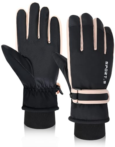 Feelorna Gants de ski pour femme, gants chauds et imperméables pour écran tactile, gants d'hiver, gants de snowboard pour le ski, la randonnée (noir et rose, taille unique)