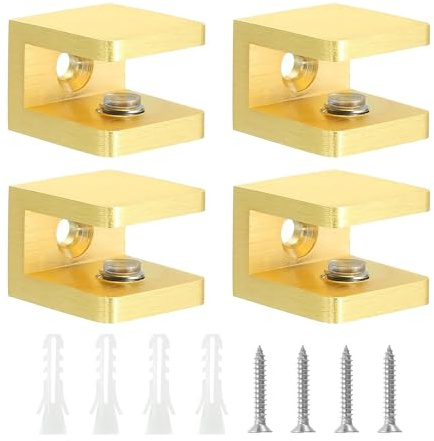 TA-VIGOR 4pcs 8-10mm Glass Clamp Adjustable Brass Shelf Brackets with Rubber Pads, No-Drill Shelf Supports with Screws for Bathroom, Cabinet, Wine Rack (Gold)