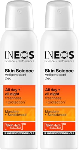 INEOS Skin Science - Unbeatable Protection Against Odour + Sweat. All Day + All Night. Aerosol Antiperspirant Deodorant Mandarin + Sandalwood - Plant Based Essential Oils 200ml (Pack of 2)