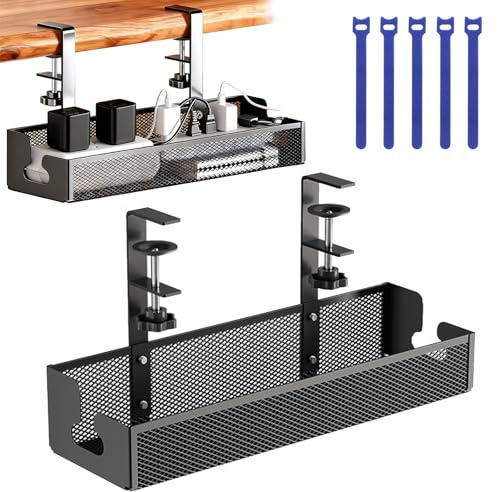 FZYCOM Organizador Cables Escritorio Metal con 5 Pcs Bridas, Bandeja Cables Escritorio Grande, Cable Management Under Desk, Cable Organizer Sin Taladro, Accesorios de Oficina | Cable Management PC con 5 piezas de cables reutilizables, organizador Cable Box para Alta, Oficina y Cibercafé