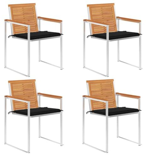 SKTQYQO Set mit 4 Gartenstühlen mit Kissen aus massivem Akazienholz und Edelstahl, stapelbar und wetterfest für Terrasse und Terrasse,