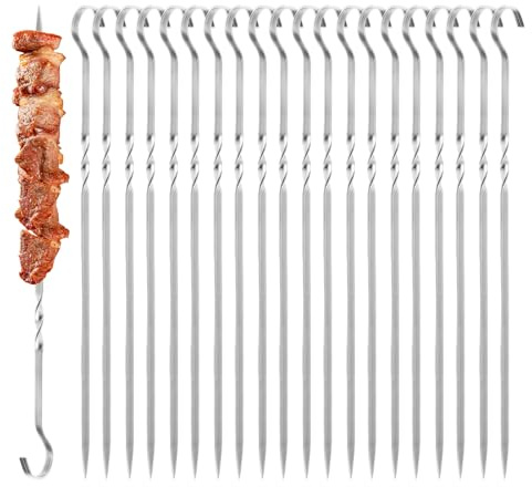 Reochps Barbecue Skewers 20pcs Kebab Skewers Meat Skewers 30cm Extra Strong Barbecue Accessories Stainless Steel Enjoy The BBQ for All Meat Fans and Vegetarians for Campfire Or a Grill Tray