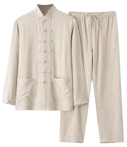 Cotton and Linen - Tai Chi Uniform Clothing - Qi Gong Martial Arts Wing Chun Shaolin Kung Fu Taekwondo Training Cloths Apparel Clothing for Seniors Beginners Men Women Arthritis Khaki