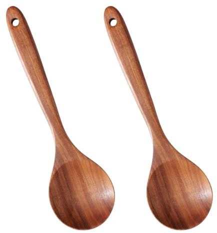 2PCS Wooden Cooking Spoons Set, Natural Wood Spoon & Spatula, Large Long Handle for Mixing, Baking, Serving and Stirring in Deep Containers, Good Grip Kitchen Utensils