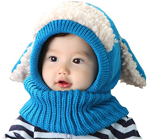 Elonglin Unisex Baby Hüte mit Halstücher Pudelmütze Jungen Mädchen Süß Mütze Mischfarbe Winter Warm Strick Schal Hut Cartoon Hundohren Blau One Size(6-36 Monate)