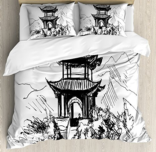Ambesonne Vintage China Duvet Cover Set, Hand Drawn Black and White Sketching of a Chinese Pavilion with Landscape, Decorative 3 Piece Bedding Set with 2 Pillow Shams, King Size, Black White