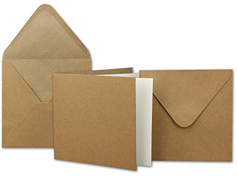 50x Kraftpapier Karten Set 13,5x13,5 cm mit Umschlägen & Einlegeblättern | Kraftpapierkarte 220g/m², Briefumschlag Recycling 120g/m²,Nassklebung spitze Klappe,Einlegeblatt 90g/m², NEUSER PAPIER