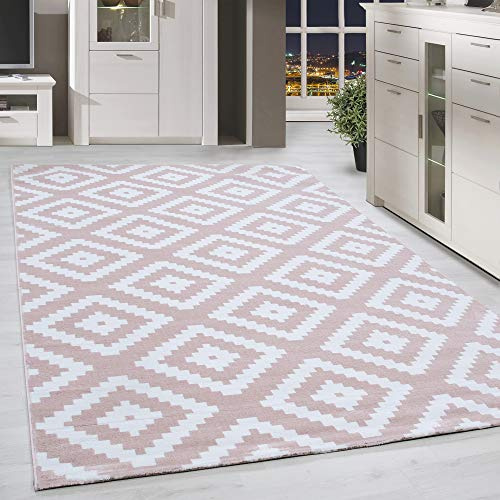 HomebyHome Teppich 80x150 cm Rosa Kurzflor Rauten Design Moderner Läufer für Wohnzimmer Schlafzimmer Flur Küche Esszimmer Kinderzimmer Pflegeleicht Weich