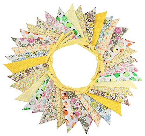 10M/32Ft Triangle Bunting Banner, 36 Pcs Cotton Fabric Flags Pennant Garlands for Birthday Party, Wedding, Baby Shower, Outdoor and Home Decorations (Yellow)