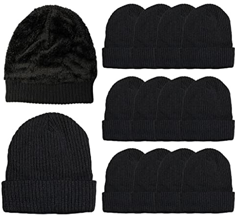 Yacht & Smith 12 Pack of Winter Beanies Wholesale Bulk Cold Weather Unisex Hat (One Size Fits All) (Adults (Black Faux Fur Sherpa))