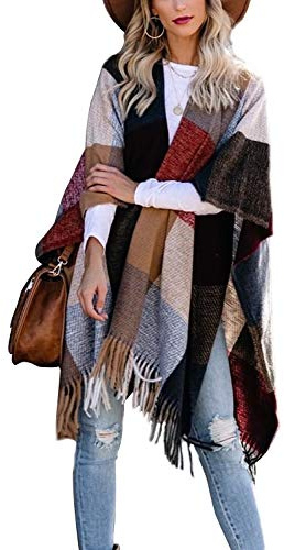 VIMPUNEC Women Boho Buffalo Plaid Poncho Pashmina Shawl Wrap Cape Sweater Knitting Cardigan with Tassel, Brown, One size
