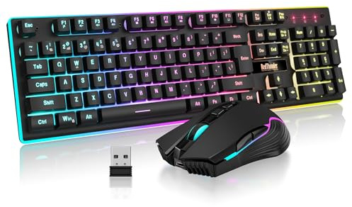 RedThunder K10 Wireless Gaming Keyboard and Mouse Combo, LED Backlit Rechargeable 3800mAh Battery, Mechanical Feel Anti-ghosting Keyboard + 7D 3200DPI Mice for PC Gamer (Black)