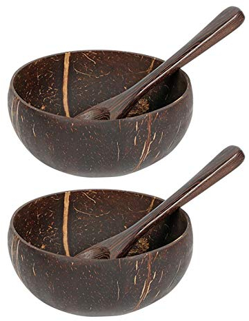 DASNTERED Coconut Bowls and Spoon Sets, 2pack Fruit Salad Vegan Gift Bowls, Salad Smoothie Coconut Shell Bowl Home Noodle Rice Tableware, for Kitchen and Decoration(dark coffee)