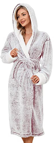 UMIPUBO Albornoz Mujer, Albornoz Polar de Invierno con Capucha Albornoz Largo con 2 Bolsillos y Cinturón, Suave y Cómodo Bata de Baño(Burdeos,L)