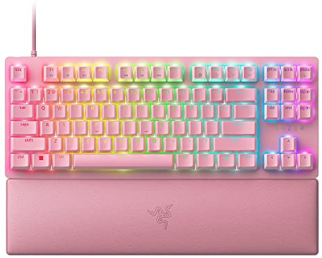 Razer Huntsman V2 Tenkeyless (Interruptor Rojo) - Teclado Óptico para Juegos (Interruptores Ópticos Lineales Gen-2, Teclas PBT Doubleshot, Reposamuñecas Ergonómicos) Diseño US| Quartz Rosa