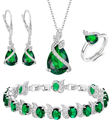 Clearine Parure Bijoux de Mariage Zircone Cubique Collier Boucles d'oreilles Bracelet et Anneau réglable 4PCS Ensemble Vert Cadeau Femme Fête des Mères d'anniversaire Noël Saint Valentin pour Mariée