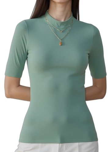WOWENY Jersey de Manga Corta para Mujer, Elegante Camiseta de Manga 1/2 con Cuello Alto elástico, Camiseta de Cuello Alto, Tops básicos de algodón, Blusa, Camisa