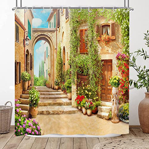 Hnmdmyi Duschvorhang 3D 180x200, Garten Floral Landschaft Straße Allee Bild Duschvorhänge Italien Outdoor Blumen Ansicht Badewanne Vorhang Wasserdicht Polyester Stoff Waschbar Badevorhang mit Haken