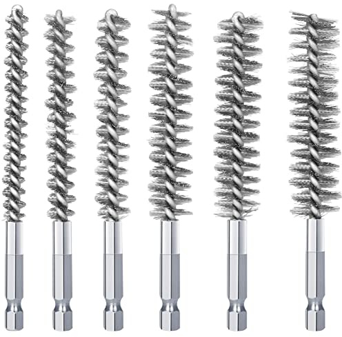 SI FANG 6Pcs Stainless Steel Bore Brush, Round Drill Wire Brush for Tubes Ports Bearings/Pipe, Metal Cleaning Brushes Set 9/11/13/16/17/19mm, 1/4Inch Hex Shank for Power Drill Rotary Tool