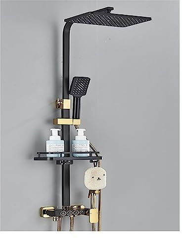 2023 New Digital Display Bathroom Shower System,Thermostatic Shower Faucet Black Set,Modern Rainfall Shower Tap for Bathroom LED Shower Panel (Color : Black Gold 4ways D, Size : 1)