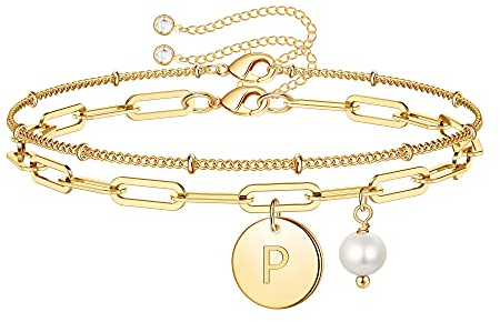 TINGN Armband Damen Gold, Zierlich Gold Doppelschichtiges Layered Charm Armband mit Buchstaben P Personalisiertes Armband Gliederkette Armkette Perlenarmband Armschmuck Geschenke für Frauen Mädchen