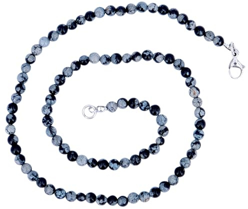 Generisch Taddart Minerals – Schwarze Halskette aus dem natürlichen Edelstein Schneeflocken-Obsidian mit 4 mm Kugeln und 45cm Länge – handgefertigt