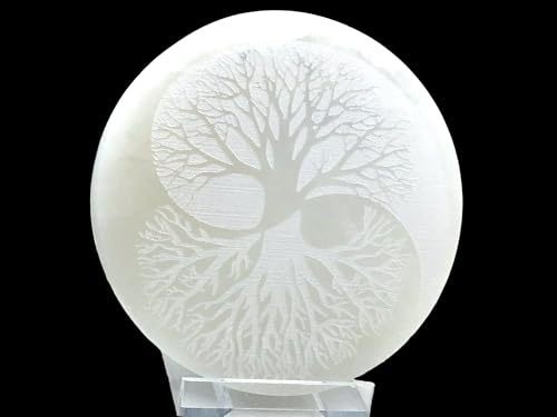 Echte Selenit Ladeplatte mit Gravur Yin-Yang und Baum des Lebens Ø 10,5 cm - 300 Gramm- mit kleinem Acrylständer