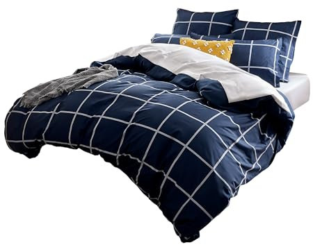 Sonive Ensemble de Housse de Couette en Microfibre 155 x 220 cm, Taies d'oreiller 80 x 80 cm x 2, Carreau x Bleu Marine