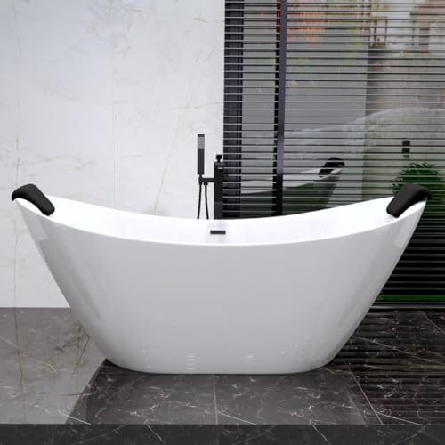 KOLMAN Freistehende Badewanne 180x80 cm IVAR, Ablaufgarnitur Click-Clack Gratis, Weiß, Exclusive, Modern + 2x Schwarz Badewannenkissen…