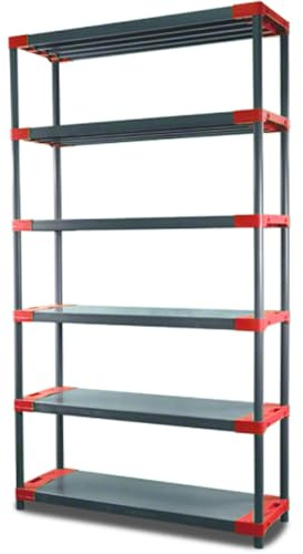PROREGAL Kunststoffregal Grey Bear | Extra-Tall | HxBxT 220x110x46cm | Fachlast 120kg | Grau-Rot | Plastikregal Kellerregal Lagerregal Steckregal